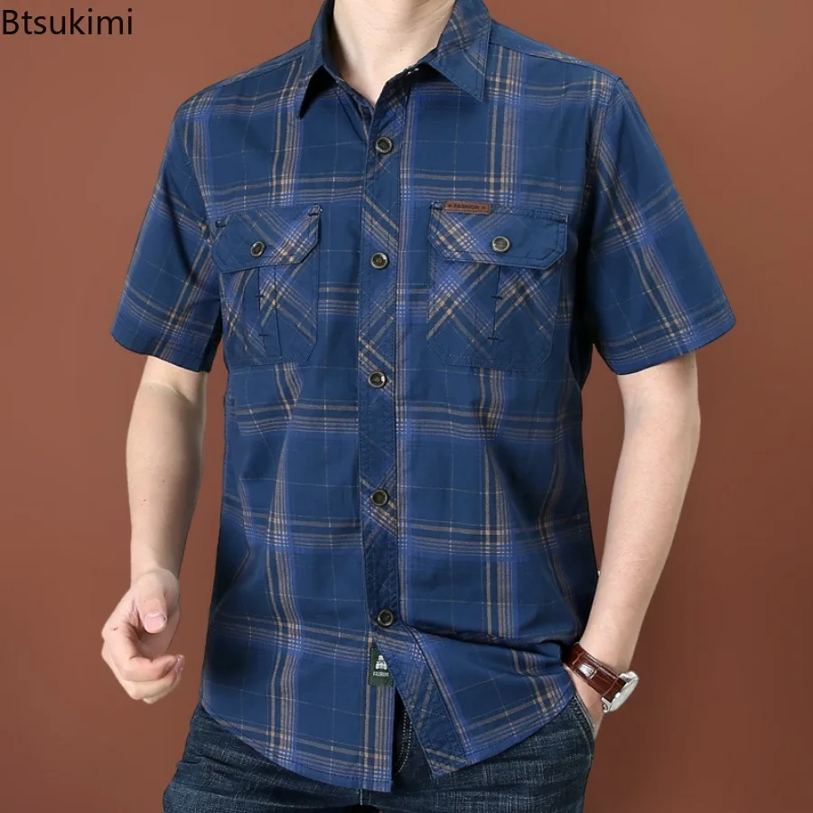 2023 männer Baumwolle Kurzarm Shirt Sommer Revers Plaid Business Casual Shirts Lose Atmungsaktive Arbeit Tragen Männer Outdoor Sport Tops