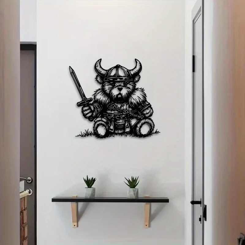 Arte de pared de metal con diseño de oso vikingo, silueta plana cortada con láser en 2D, mural de pared de hierro resistente a la intemperie, decoración para pared interior y valla exterior