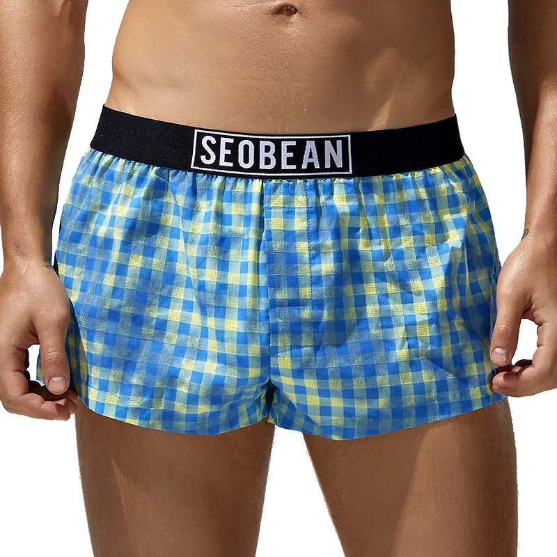 SEOBEAN 남성 속옷 홈 팬츠 코튼 편안한 체크무늬 로우 웨이스트 라운지 통기성 복서 팬츠 알로하 팬츠 240505 510086