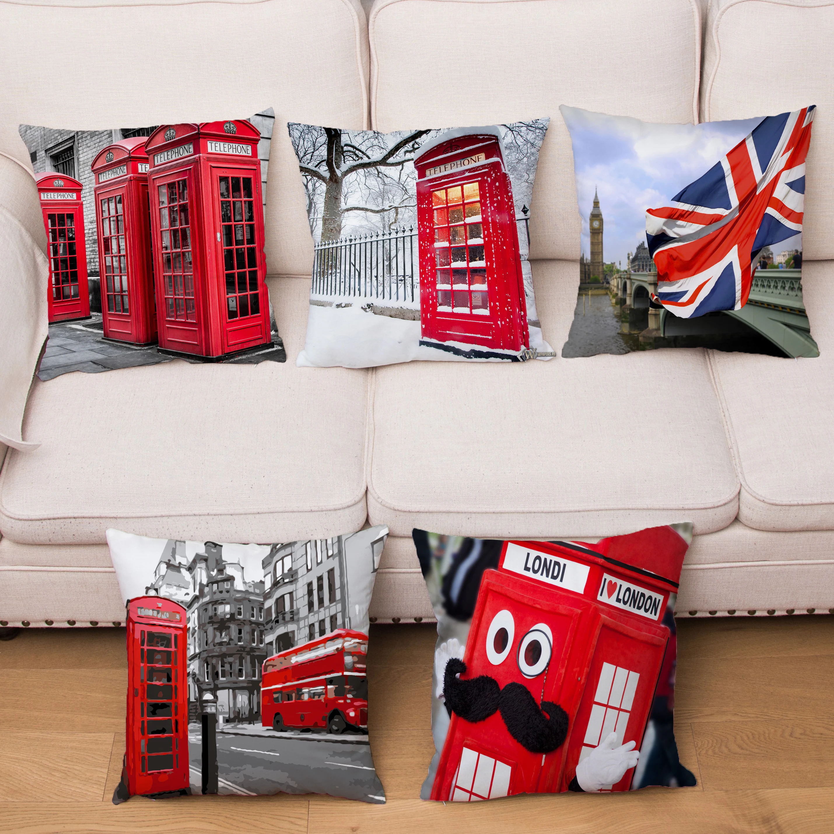 

London Street Print Cushion Cover Red Phone Booth Bus Big Ben Pattern Pillowcase Home Decor Soft Plush Pillows Cases