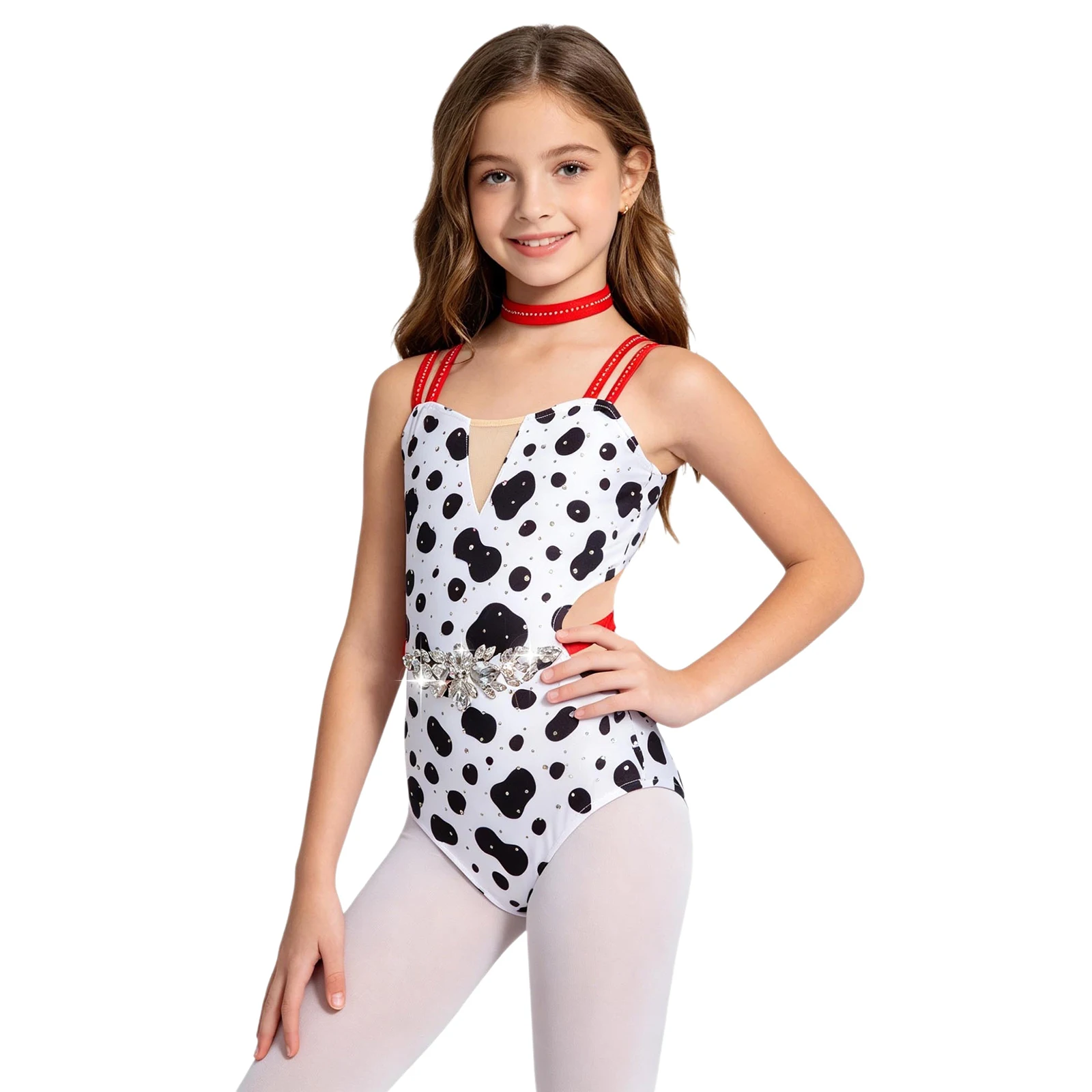 Girls Halloween Dalmatian Cosplay Costume Black Spotted Sleeveless Ballet Leotard+Necklace Princess Dress Up Movie Character Set