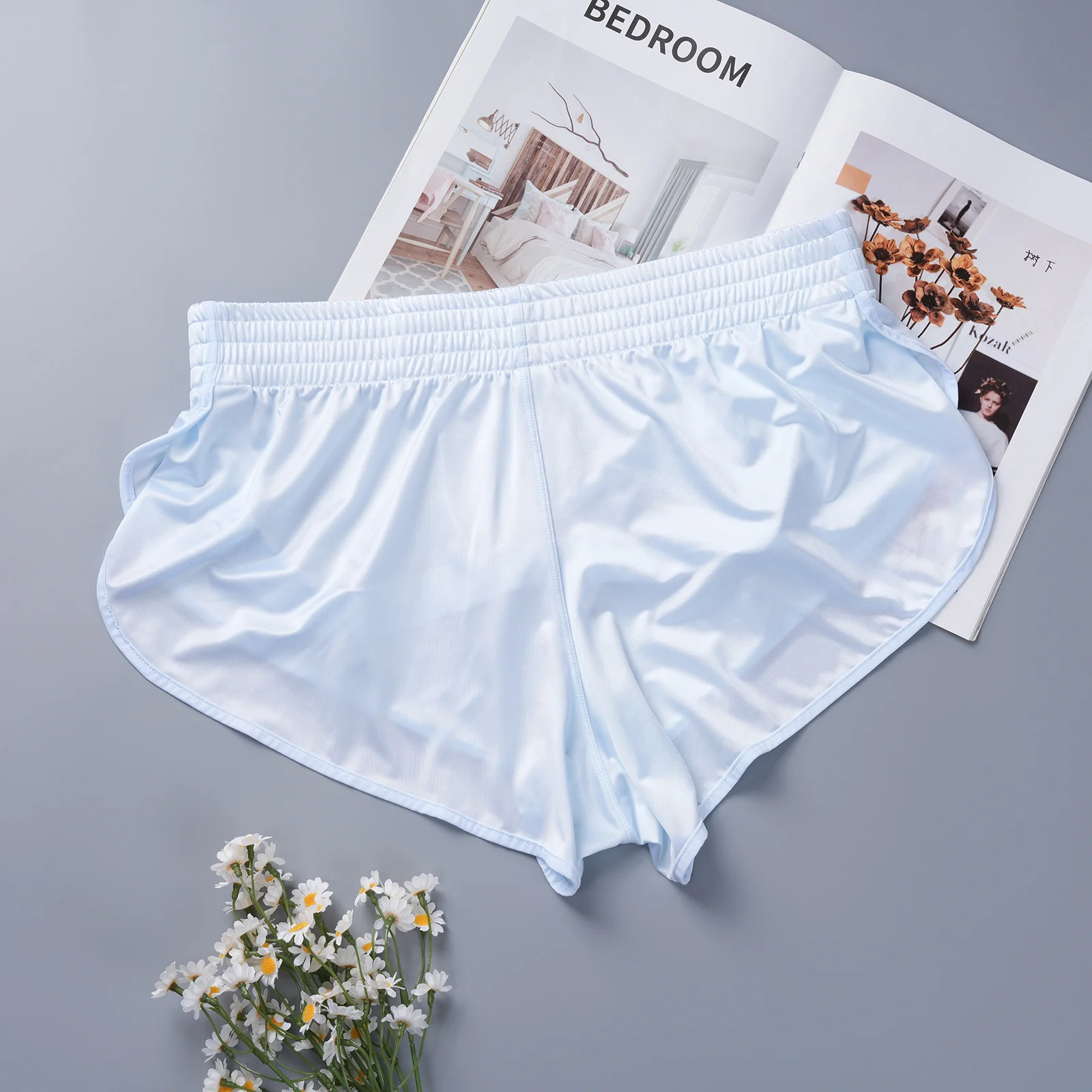 Satin-Herren-Boxershorts mit Seitenschlitz, glänzender Pfeil-Design, sexy Unterwäsche, innerer Netzbeutel, Jockstrap, Schlafhose, Homewear – Detail 9