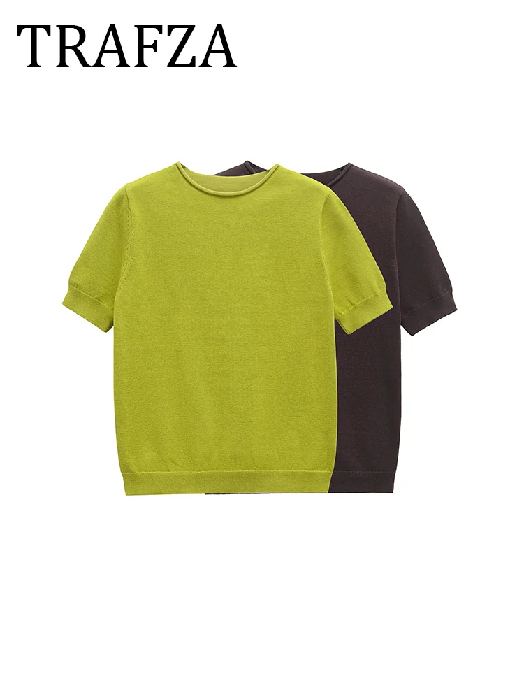 

TRAFZA Soft Short Sleeve Knit Sweater Woman 2025 Spring Female Elegant Chic Top Pullover Fit Solid Knitwear Streetwear Clothing