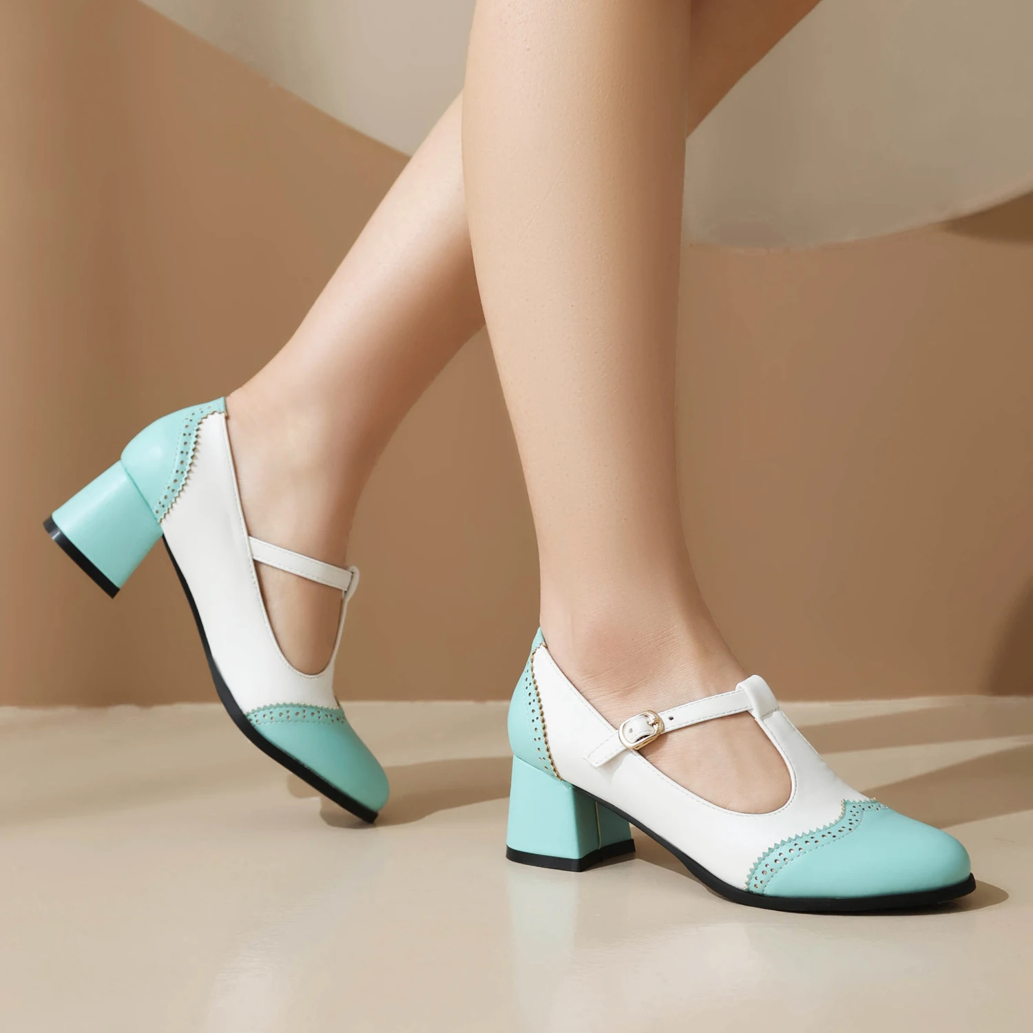 Spring Women T-strap Pumps Blue Black Mixed Color High Block Heel Round Toe Sweet Dress Lady Retro Oxford Style Mary Janes Shoes