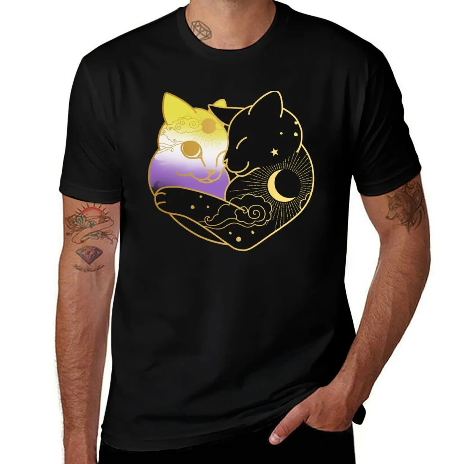 

Nonbinary Celestial Cat Heart T-Shirt kawaii clothes valentines boutique clothes baggy shirts plus size men clothing