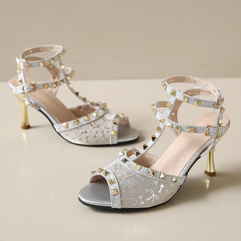 

Women's Sandals High Heels Gladiator Elegant Woman Heeled Gold Silver Rivet Peep Toe Sexy Sale Dress Wedding Bride Stiletto Heel