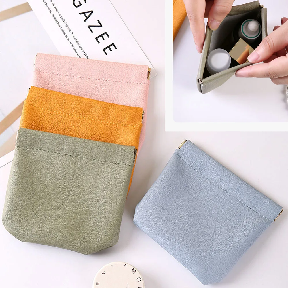 New Mini Lipstick Key Jewelry Cosmetic Bag Women Portable Automatic Closing Makeup Storage Bag Pouch Pu Earphone Coin Purse