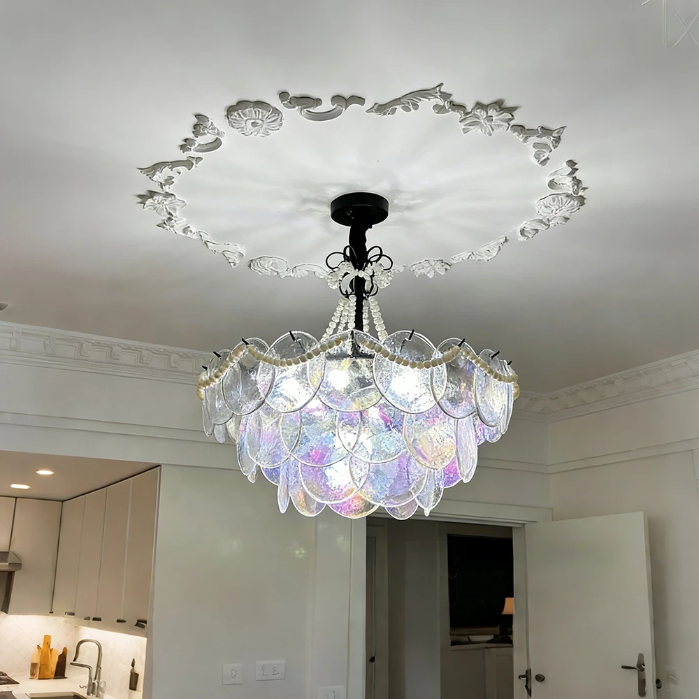 

Vintage Luxury Transparent Glass Chandelier With Pearl Necklace Round French Multi Tier Pendant Light For Living Dining Room