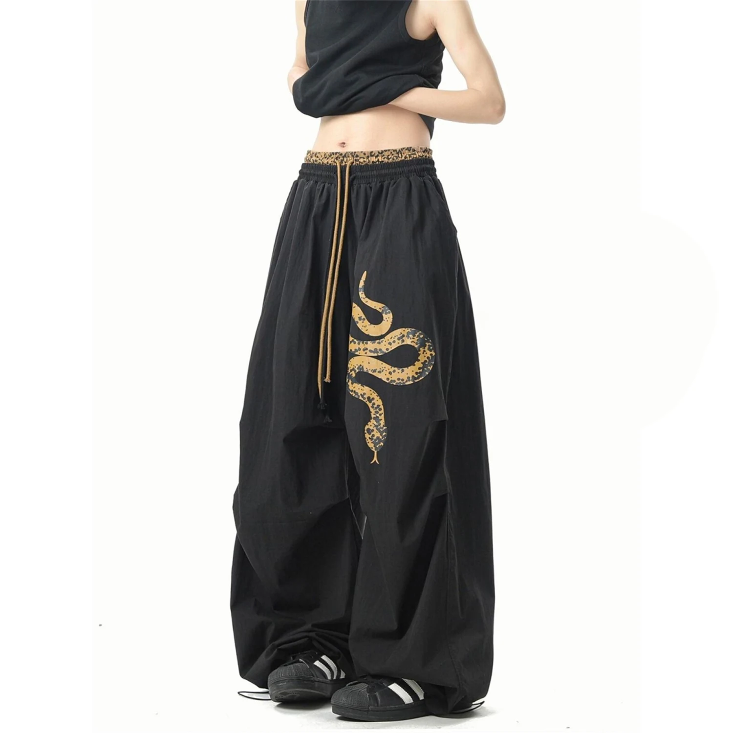 Women's Y2K Streetwear Oversized Baggy Pants Black with Snake Print Drawstring Wide Leg Trousers Casual Fashion Pants
