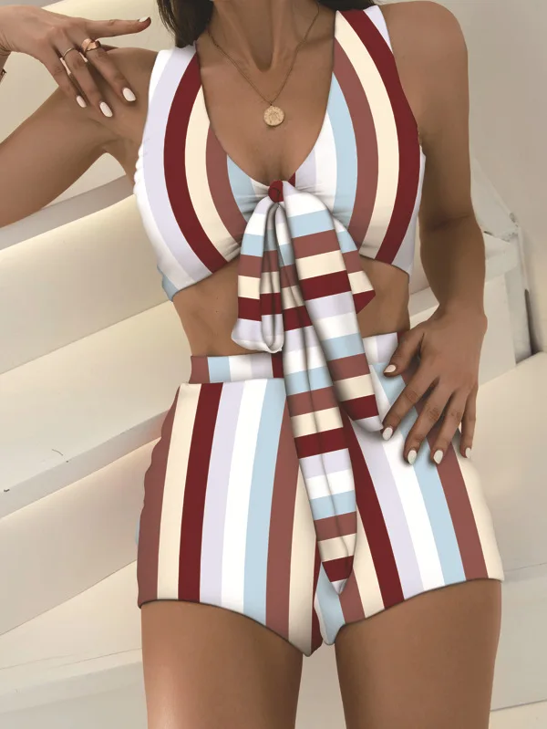 Flat Pants Bikini 2022 New European and American Swimwear Summer Color Striped Bikini Ladies Swimsuit Two-piece Swimsuit