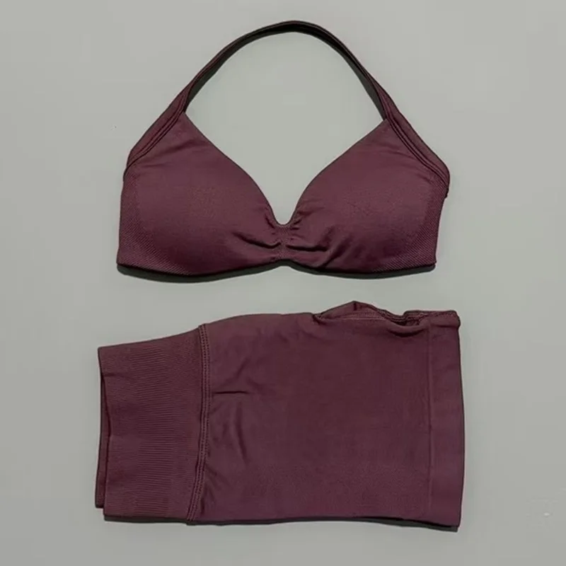 2 Piece Sports Set Women Strappy Yoga Bra Gym Workout Scrunch Shorts Sports Suit Fitness Clothes Seamless Yoga Set image 5