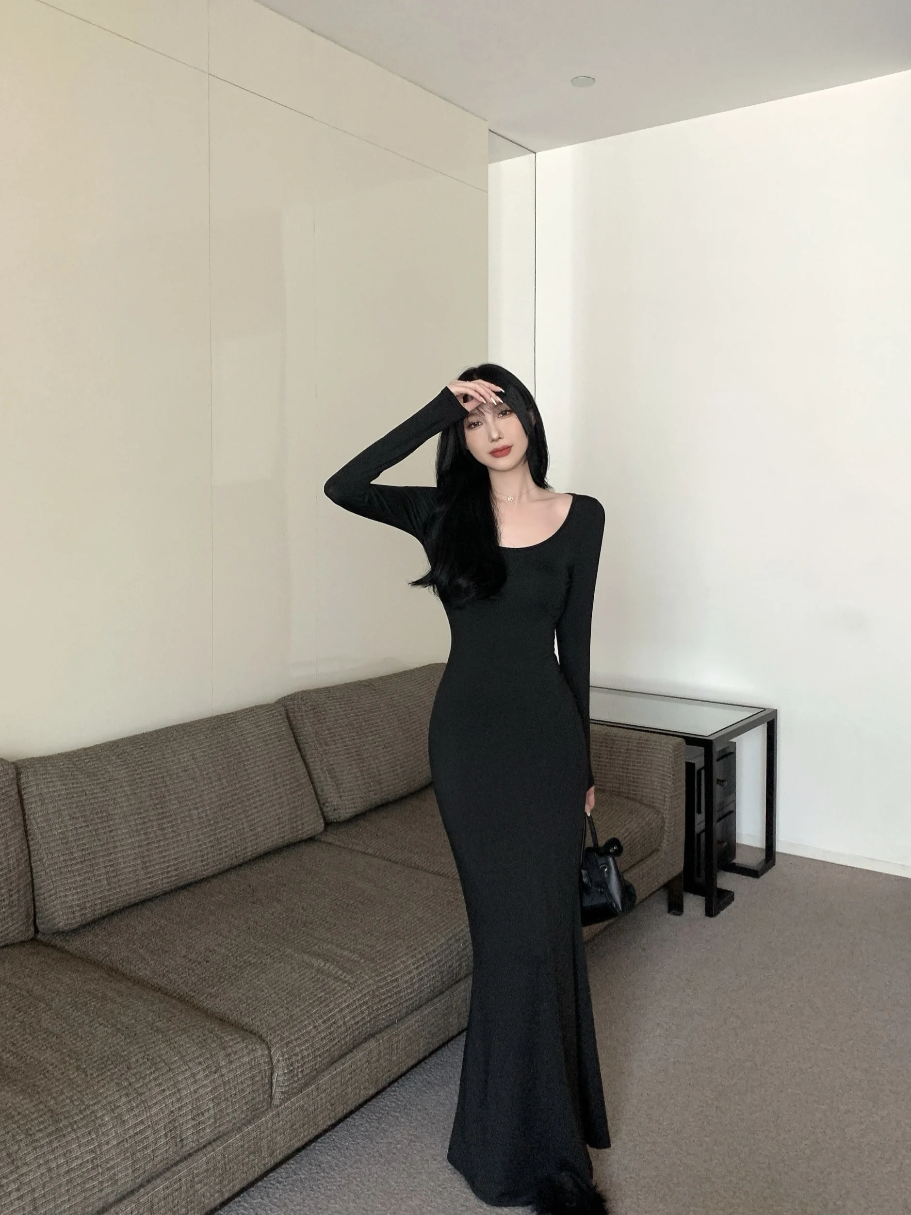 Kleider Langarm-Damenkleid für Damen, Hochzeit, Party, Herbst, Tweed, Marineblau, einreihig, tailliert, normale Passform, Elite, schlicht