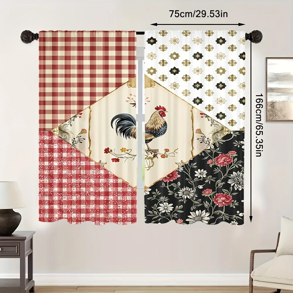 2PCS Digital Print Curtains, Rooster Floral, Farm Country