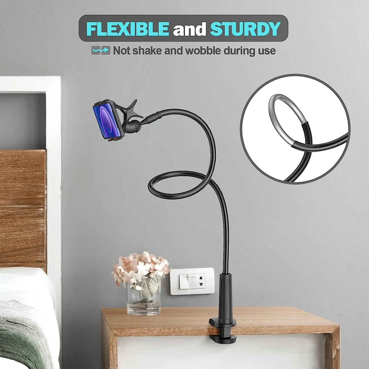 Phone Holder for Bed Gooseneck Bedside Phone Holder Laying Down with Adjustable 360 Clamp Clip and Flexible Long Arm for Desk