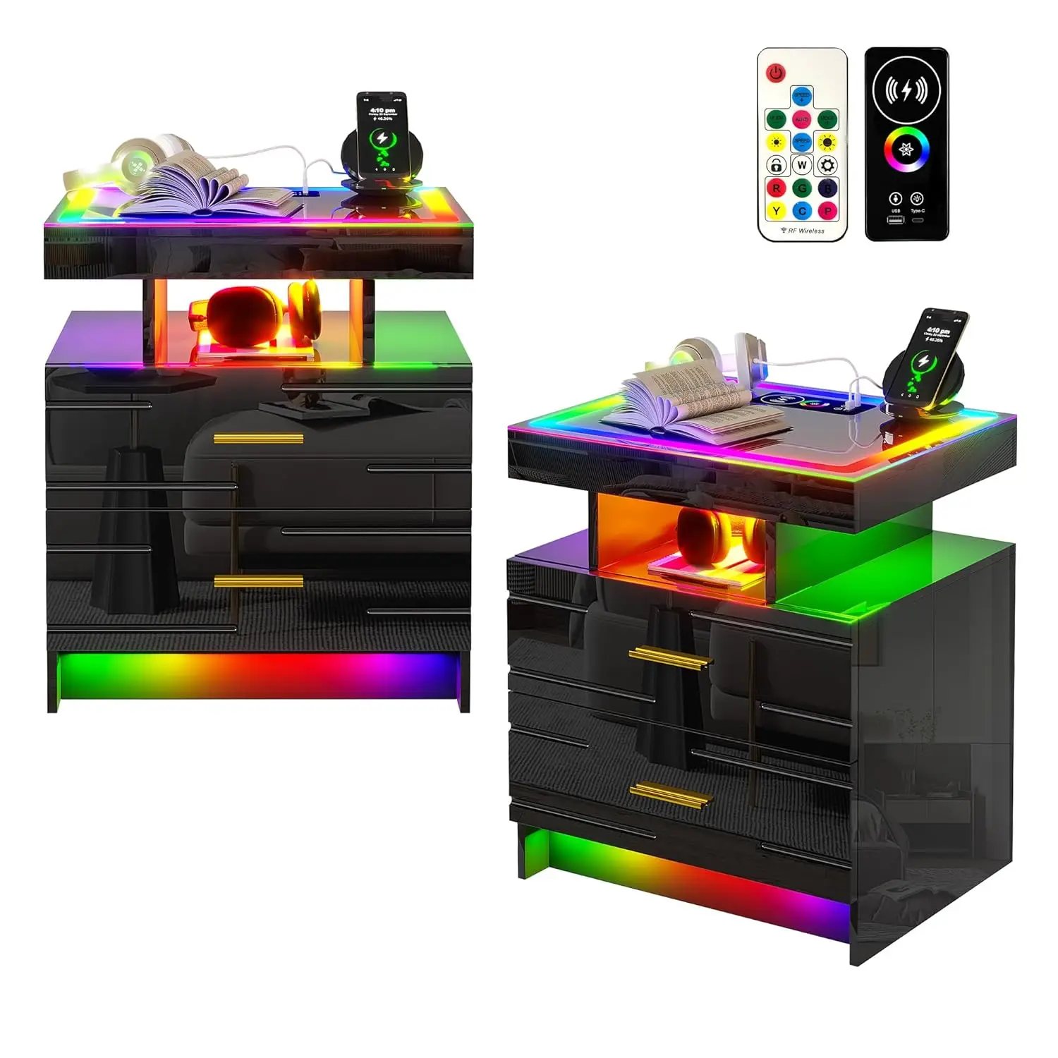 RGB LED Nightstand Set of 2 with Wireless USB Type-C Charging 2 Drawers Remote High Gloss Side Table for Bedroom Customized