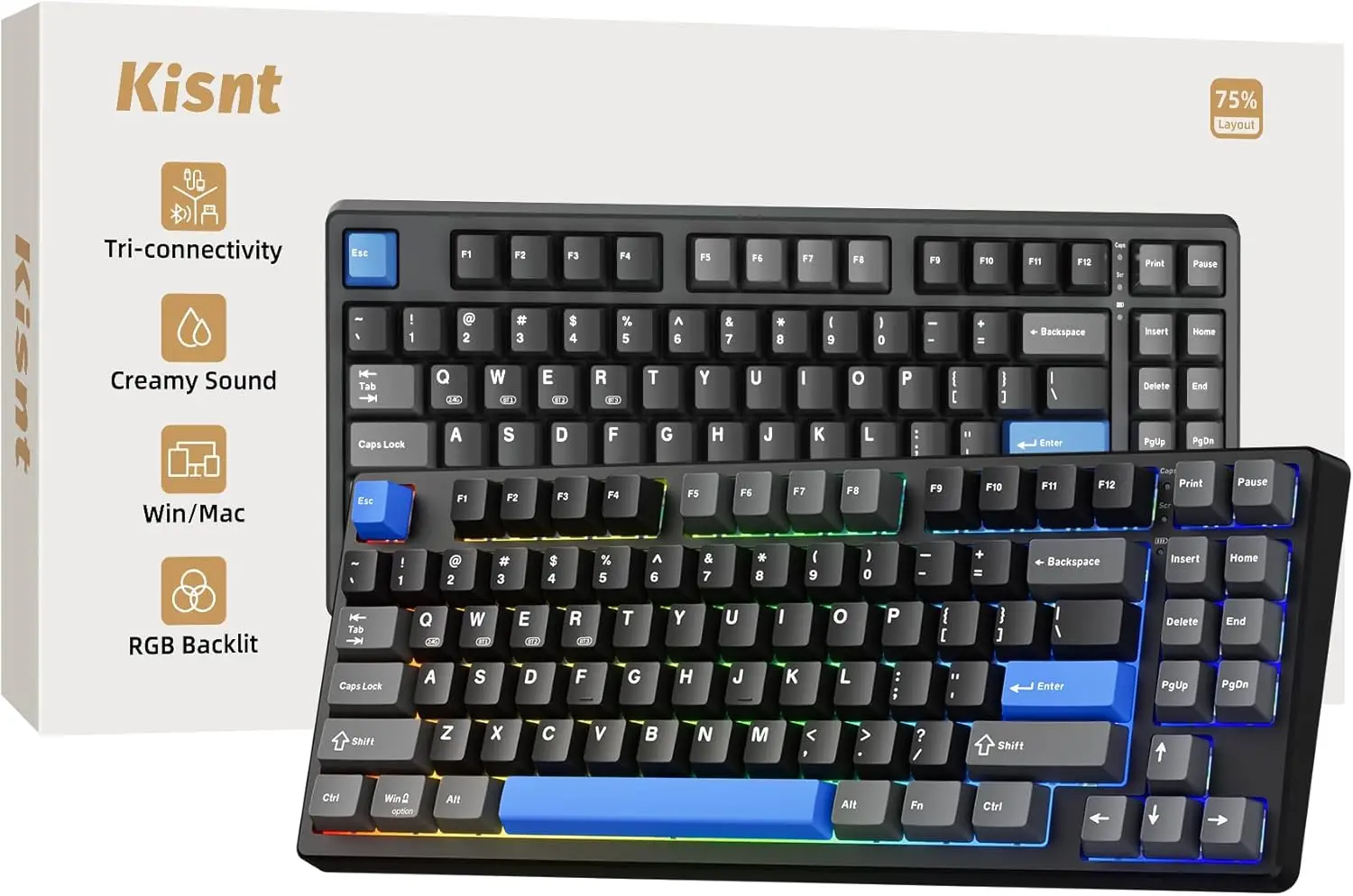 

Беспроводная механическая игровая клавиатура 75% с RGB-подсветкой, возможностью горячей замены переключателей, мягким звуком, Bluetooth/2.4ГГц/USB-C для Windows/Mac/ПК