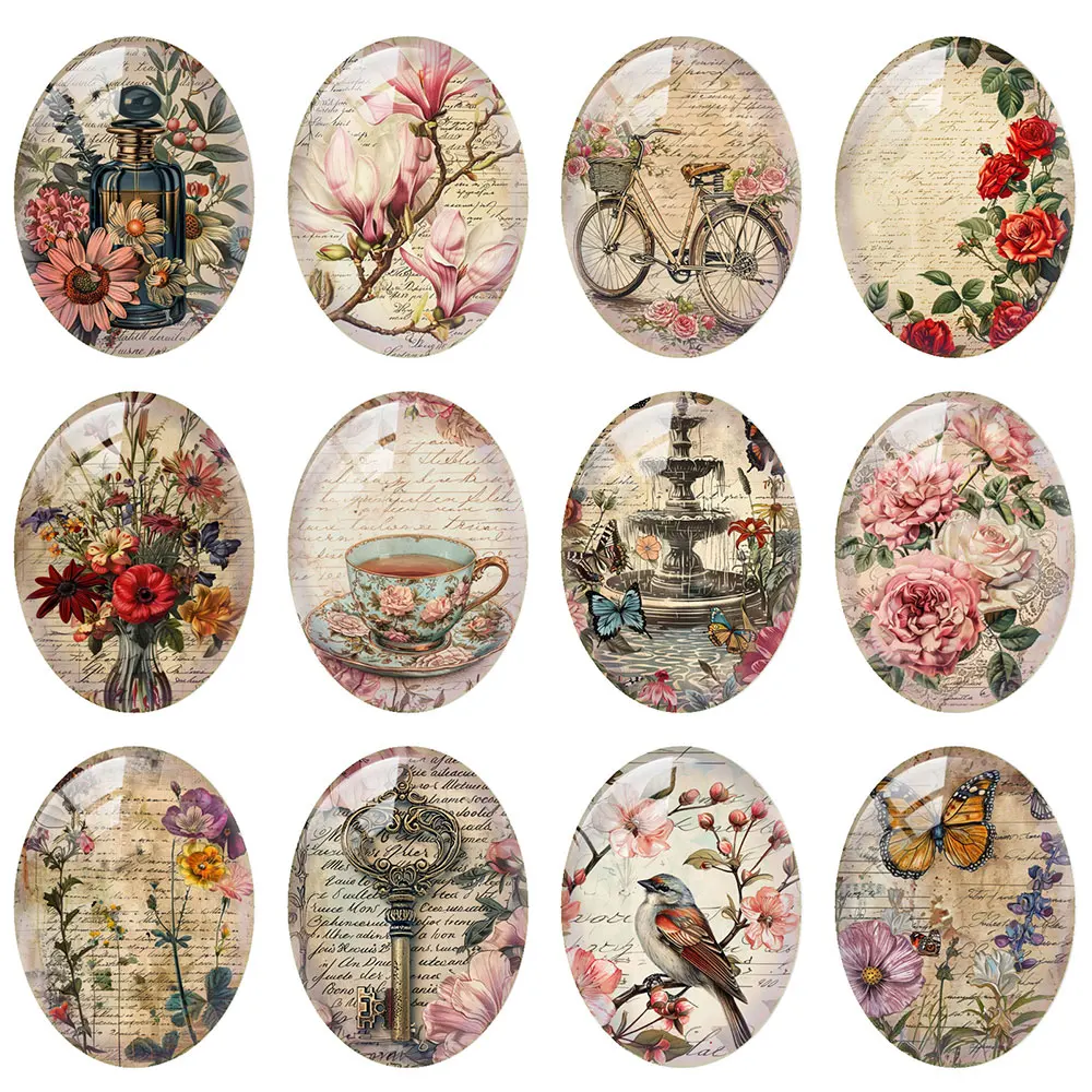

10pcs/lot Retro Flower Bird Peony Oval Photo Glass Cabochon Flatback Demo Flat Back Cameo For Diy Jewelry Making Supplies