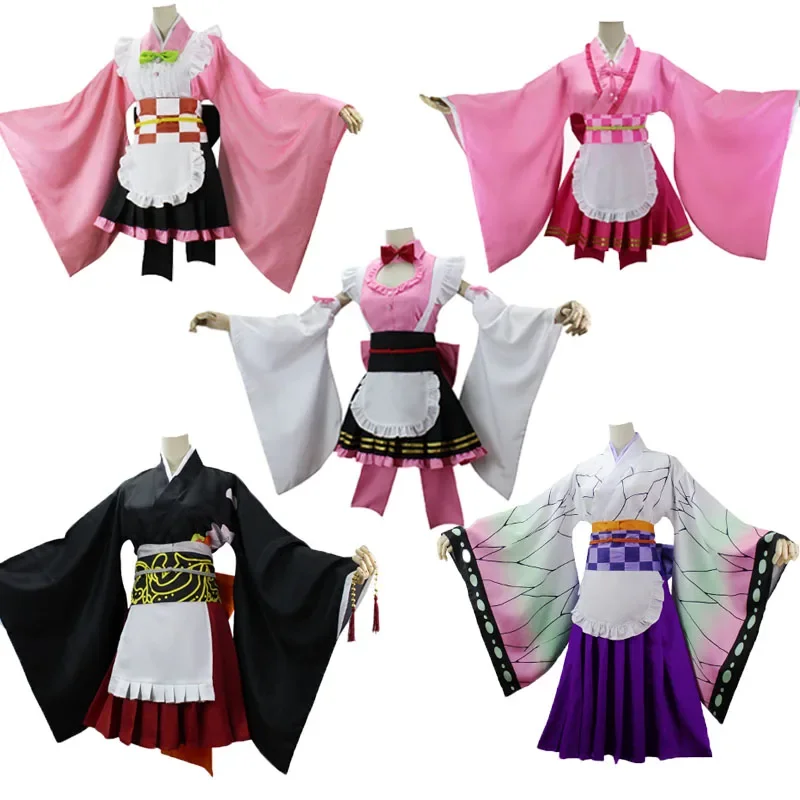 Anime Chasseur De Demons Cosplay Costume Nezuko Kamado Shinobu Kochou Role Play Maid Kimono Suit Halloween Carnival Party