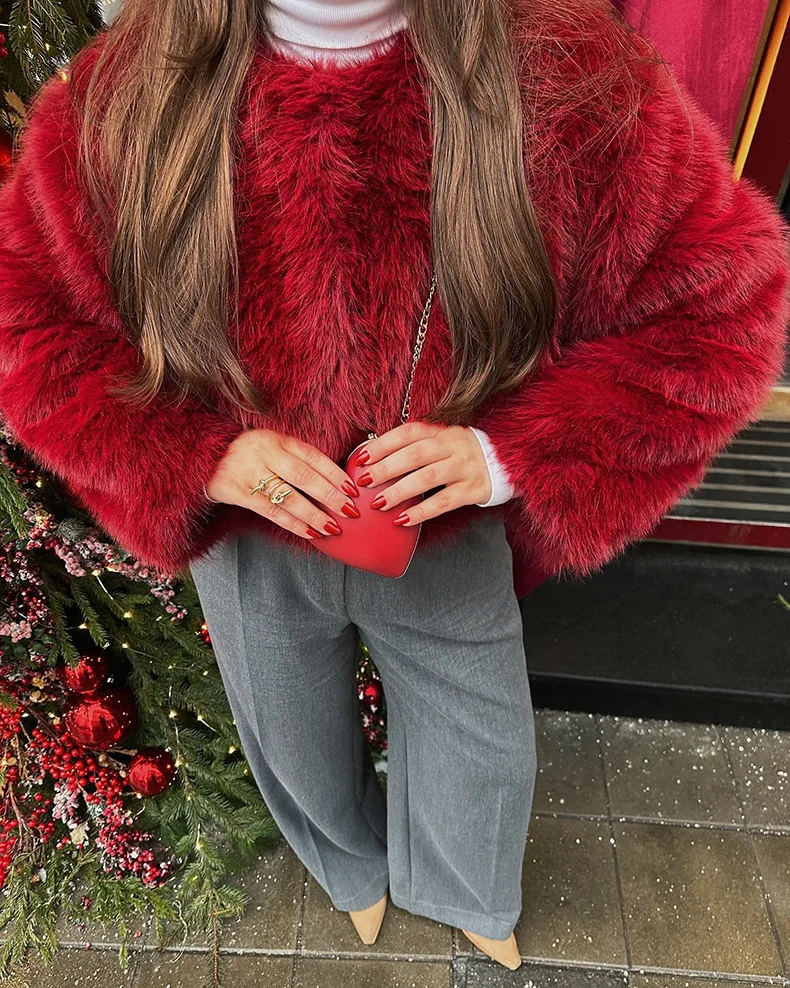 

Faux Fur Women Coats Solid Short Jackets Round Neck Long Sleeves Thick Straight Loose Fit Casual Office Lady Autumn Winter Coat