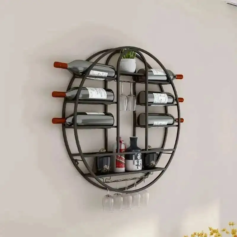 

Storage Rack Wall-mounted Home Wine Nordic Round Rack with Wine Glass Holder Modern Bar Furniture Luxury Gold Iron Wine Cabinets