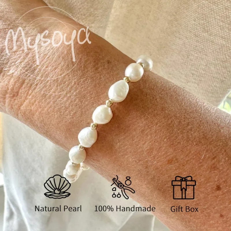 

MYSOYA Белый браслет из пресноводного жемчуга в стиле барокко 7-8 мм с подарочной коробкой для него/е, дня рождения/свадьбы/Рождества/новогодний подарок