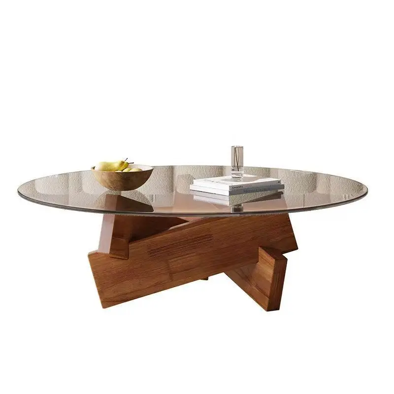

Round coffee table household small apartment living room tempered glass solid wood tea table B & B modern simple design
