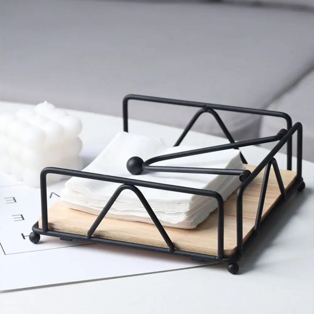 

Reusable Wooden Base Flat Napkin Holder Metal Square Paper Towel Dispenser Decorative Modern Style Napkin Stand Rack Restaurant