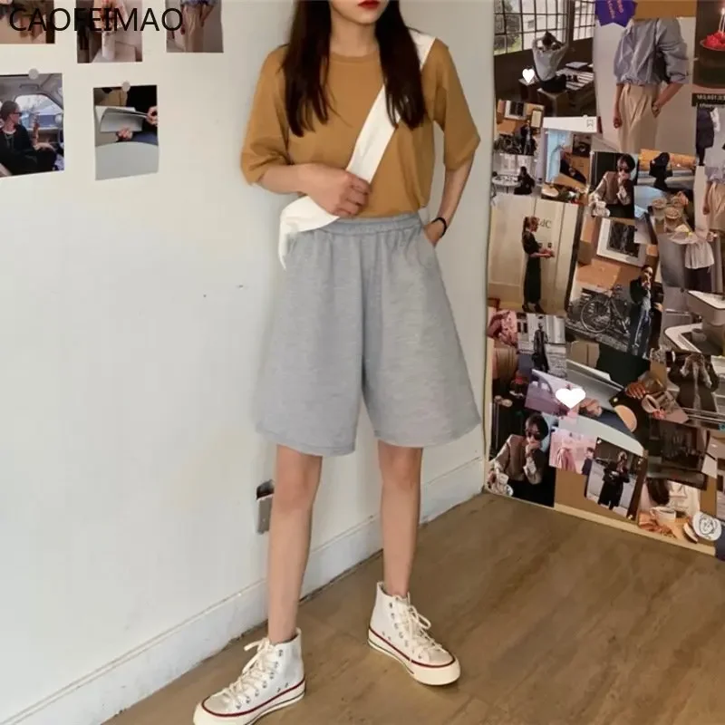 2025 Summer Shorts Women Elasticity Lovely Girls Korean Style Sweet Students Harajuku Simple Pure Gray Oversize Trousers Female