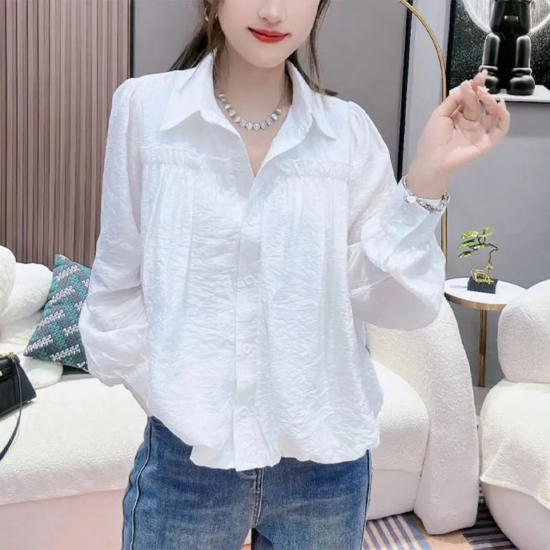 Fashion Folds Single-breasted Shirt Korean Solid Color Spring Autumn Long Sleeve Female Clothing Commute Turn-down Collar Blouse