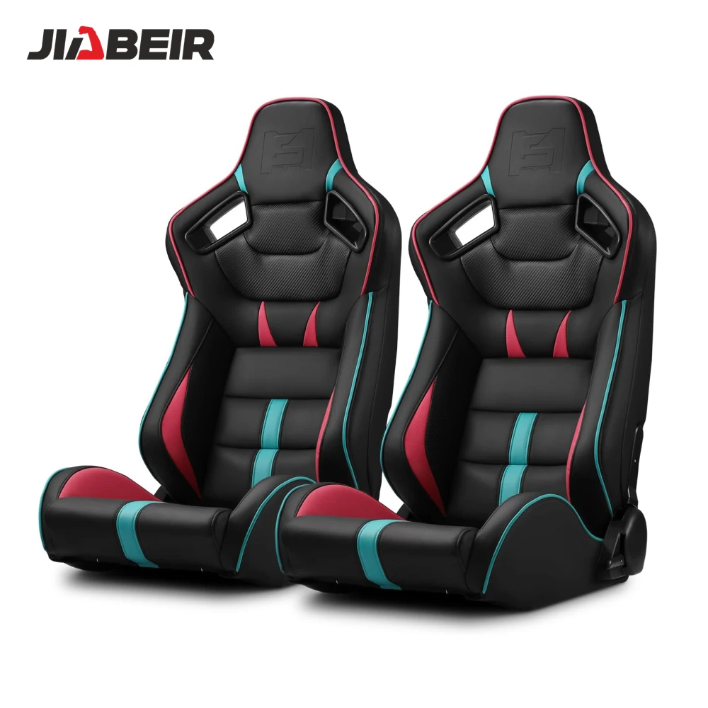 JBR1041B Universal PVC Leather Reclinable Black With Pink/Blue Pair Racing Seats