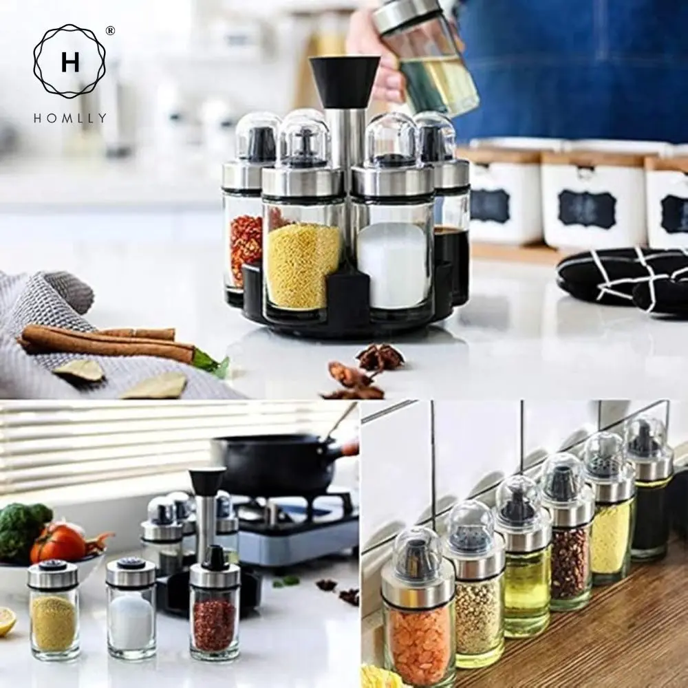 Homlly Rotary Glass Condiment Spice Bottle Stand Set (6 Pcs)