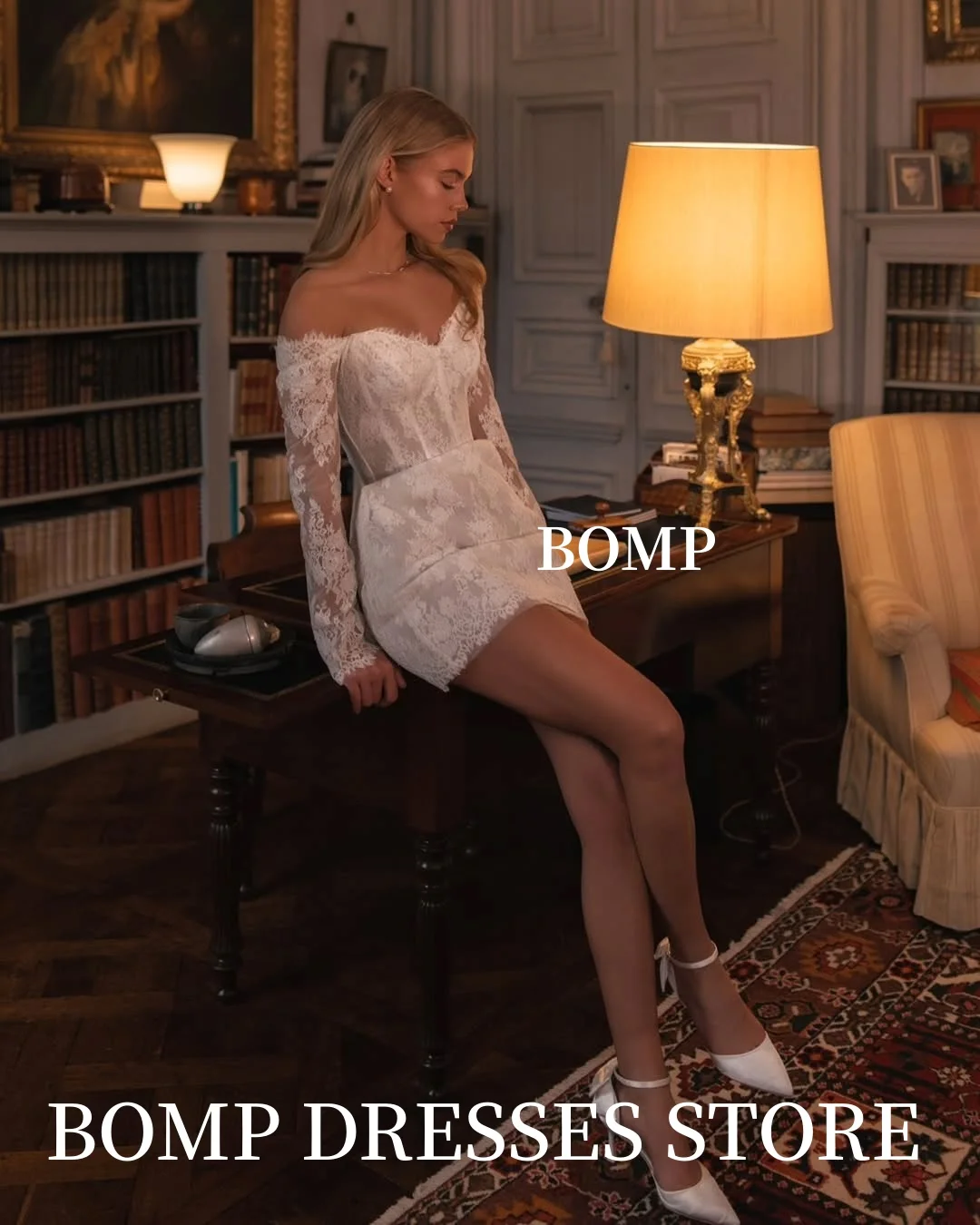 فساتين زفاف BOMP عتيقة قصيرة من الدانتيل على شكل حرف a وأكمام طويلة على شكل قلب بدون أكتاف فساتين العروس رشيقة Mariage مخصصة 2026