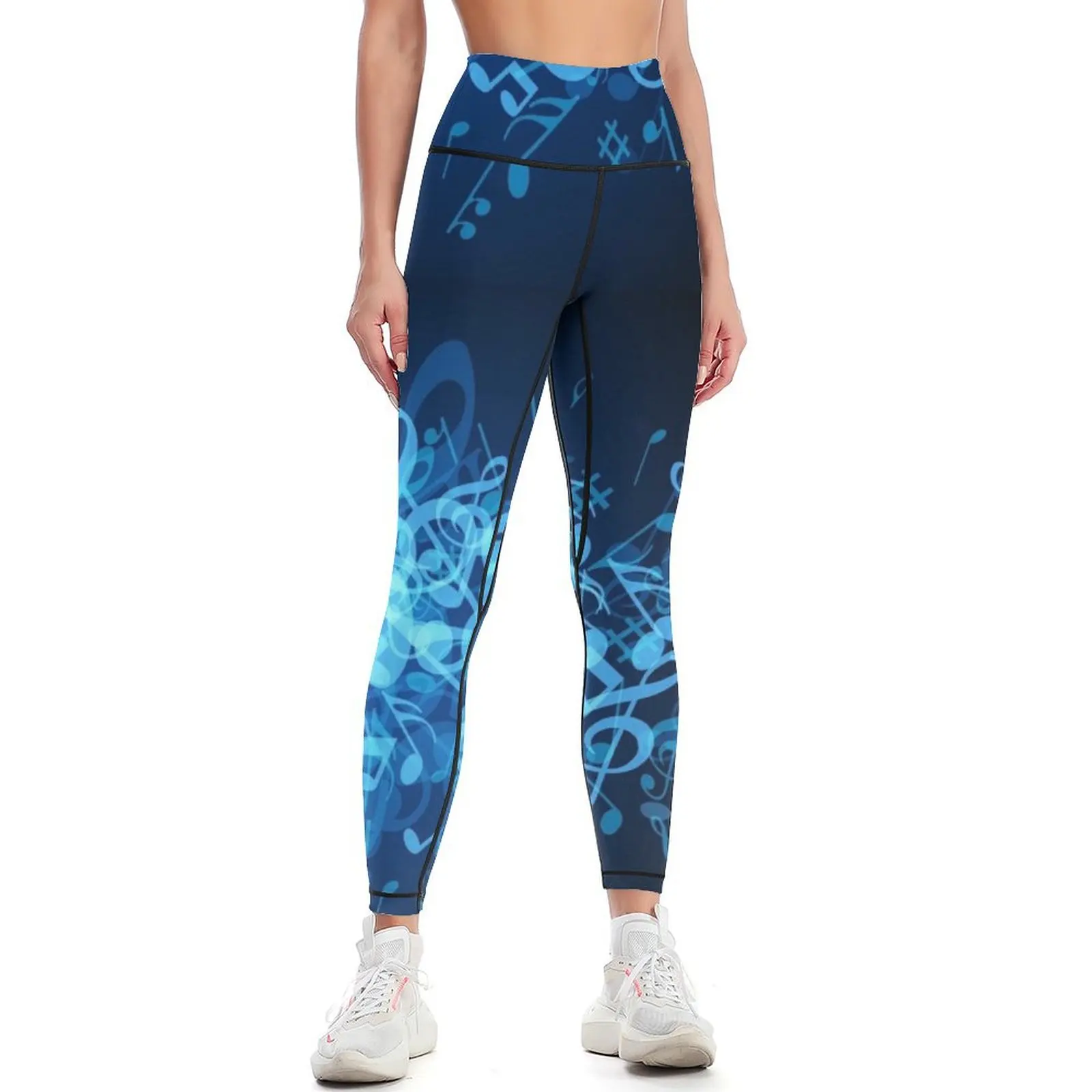 Blue Glow legging olahraga wanita, Legging fitness gym catatan musik, CELANA Jogger untuk perempuan