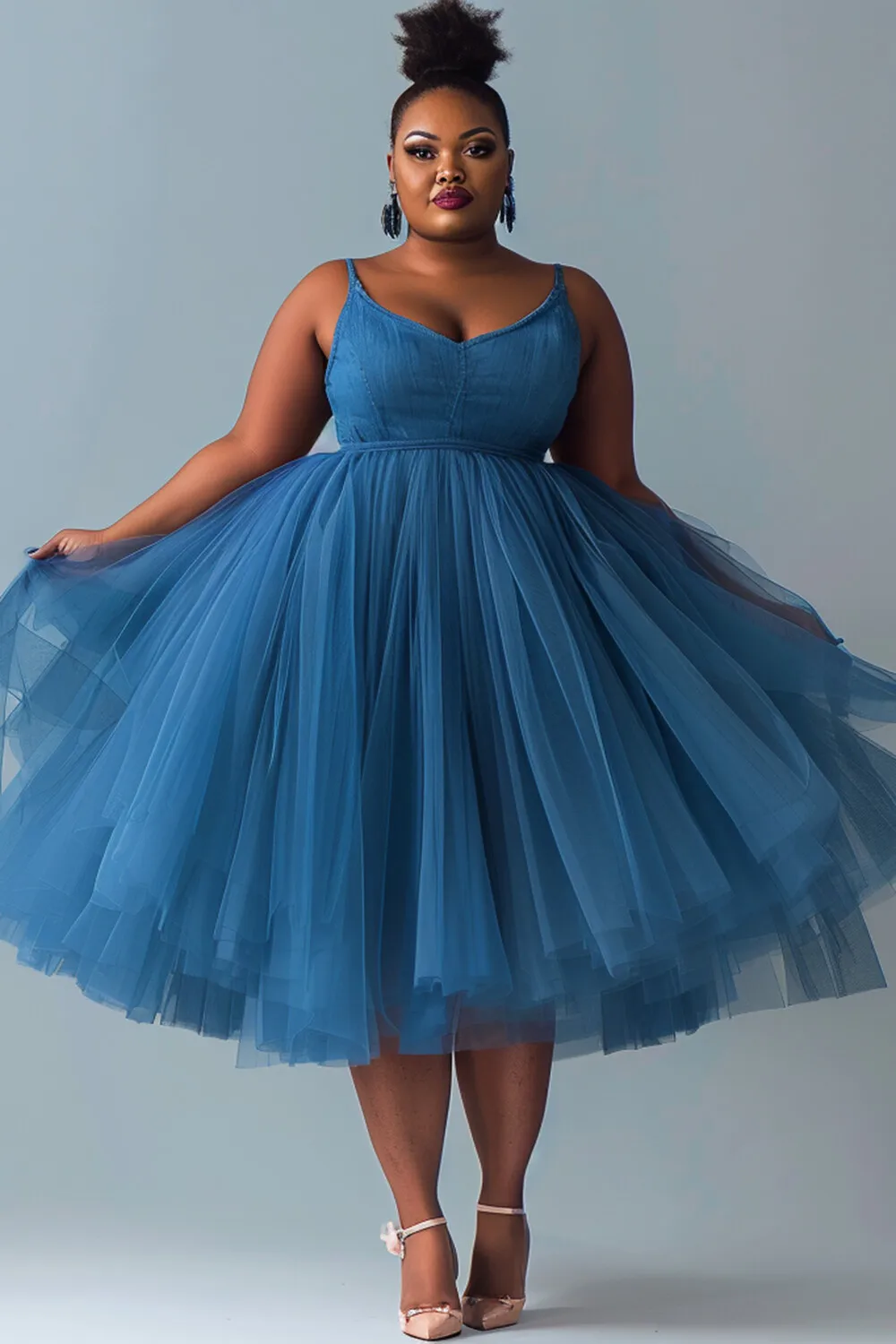 

Plus Size Vacation Tulle Blue Zipper Contrast Tencel Denim Midi Dresses