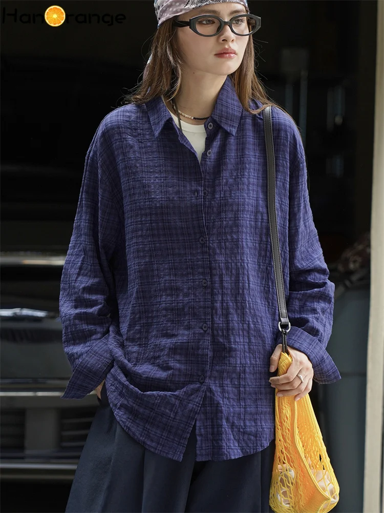 

HanOrange 2025 Early Autumn Blue Grid Shirt Women Skin Friendly Breathable Plaid Top