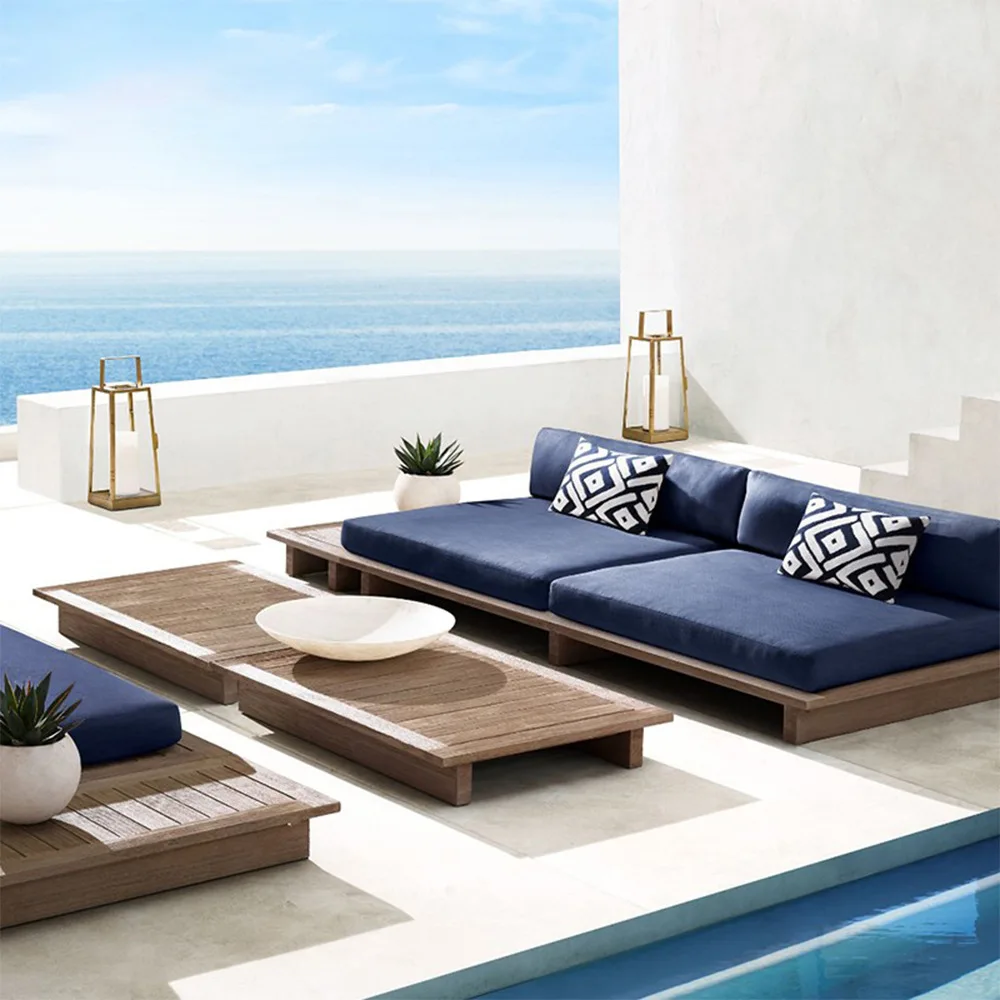 

Nordic outdoor teak sofa courtyard balcony model room designer sofa outdoor villa hotel sofa combination