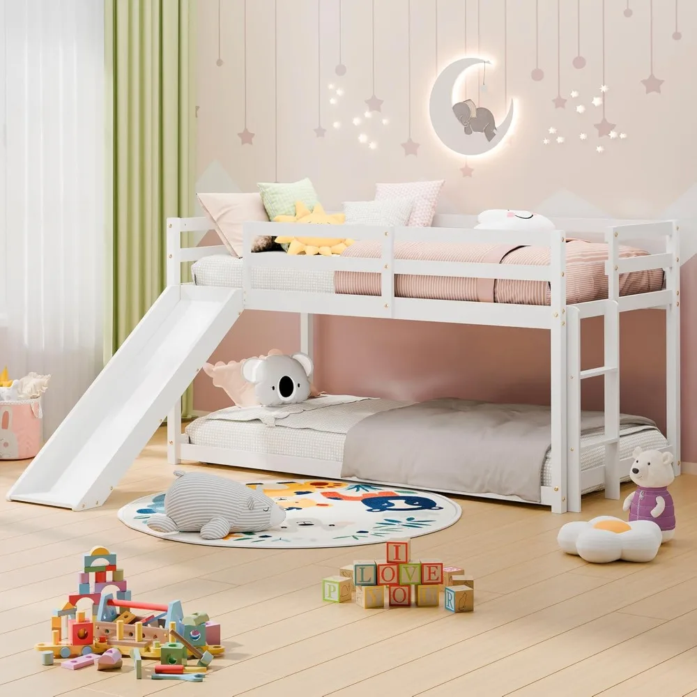 

MU Twin Bunk Bed with Slide, Wood Low Bunk Bed Frame with Climbing Ladder & Safety Guard Rail, Floor Loft Bed with Lower Storage