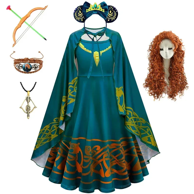 72th Anime Cosplay Cartoon Movie Girls Merida Dress Halloween Brave Princess Costume Children Green Velvet Long Sleeve
