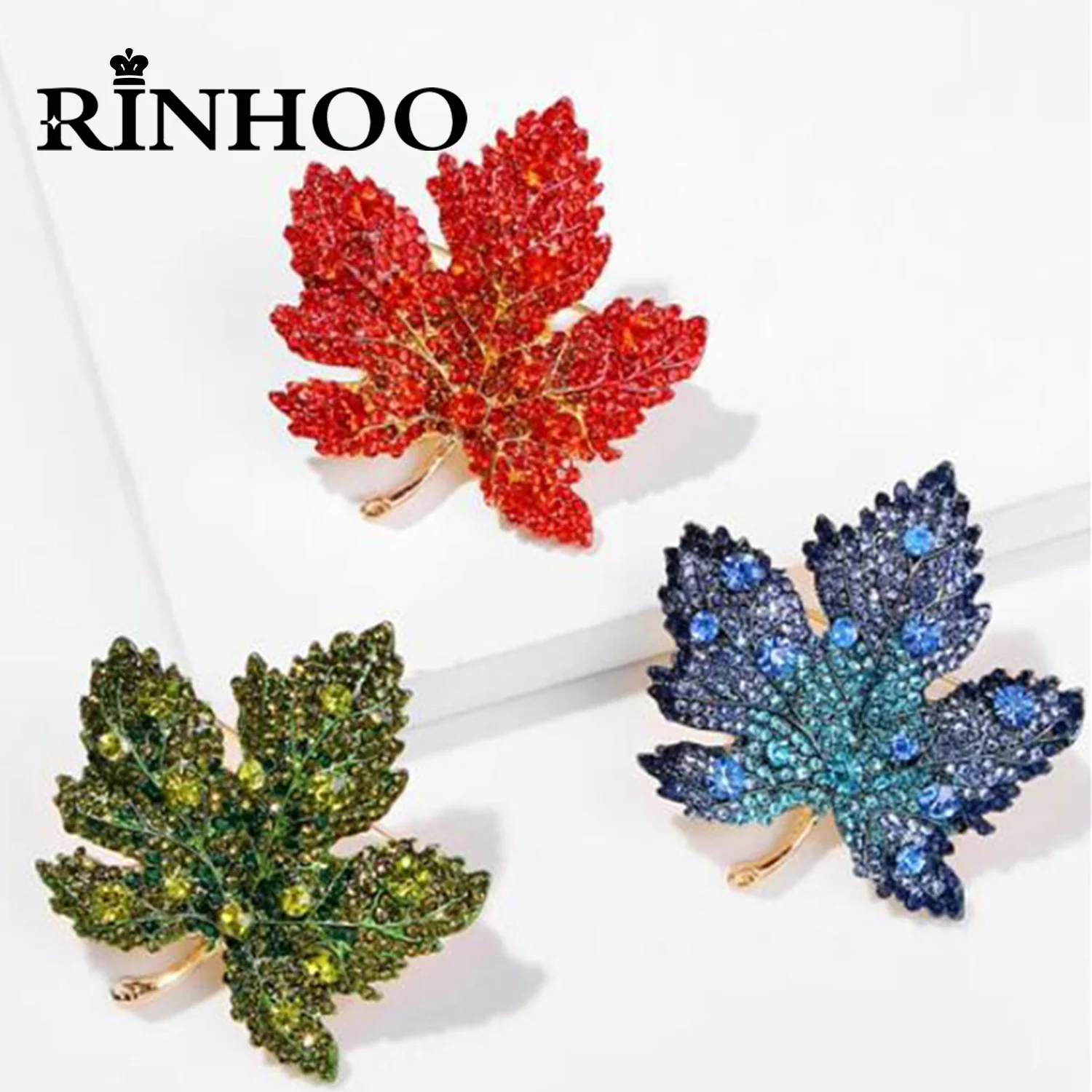 Rinhoo Full Rhinestone Maple Leaf Brooches For Women Luxury Red Green Blue Crystal Leaves Lapel Pins Fashion Plant Badge Jewelry