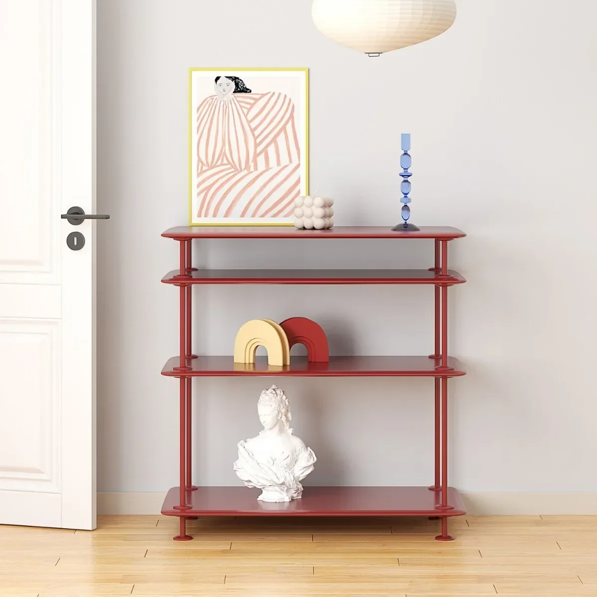 Simple red art wall shelf, solid wood light luxury living room entrance rack, home modern bedroom shelf
