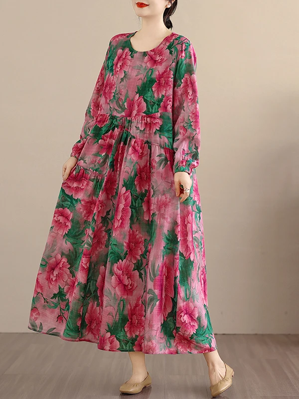 루즈하고 편안한 롱 슬리브 플로럴 프린트 여성용 봄 가을 린넨 코튼 A라인 드레스 넉넉한 핏 캐주얼웨어