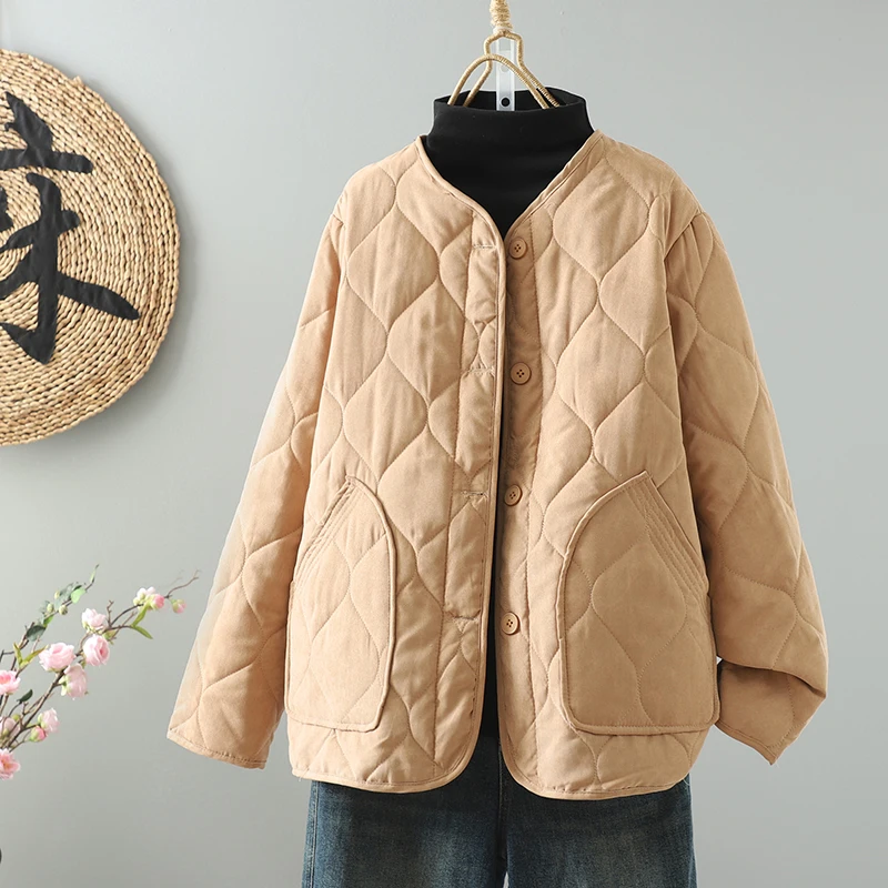 

Retro Cotton Winter Jacket Long Sleeve Women's Pure Color Diamond Pattern Warm Coat Short Outerwear Thickened Cotton Filling