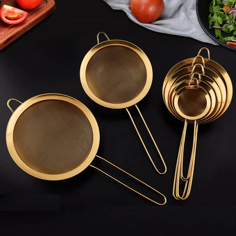 201/304 Golden Stainless Steel Strainer Soybean Milk Fruit Juice Colander With Hooks Fine Mesh Flour Sifter Home Kitchen Gadget