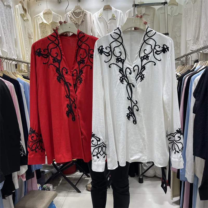 

Women's 2026 Spring Summer Heavy Embroidery V-Neck Cotton Linen Shirt - Elegant Casual Blouse Top