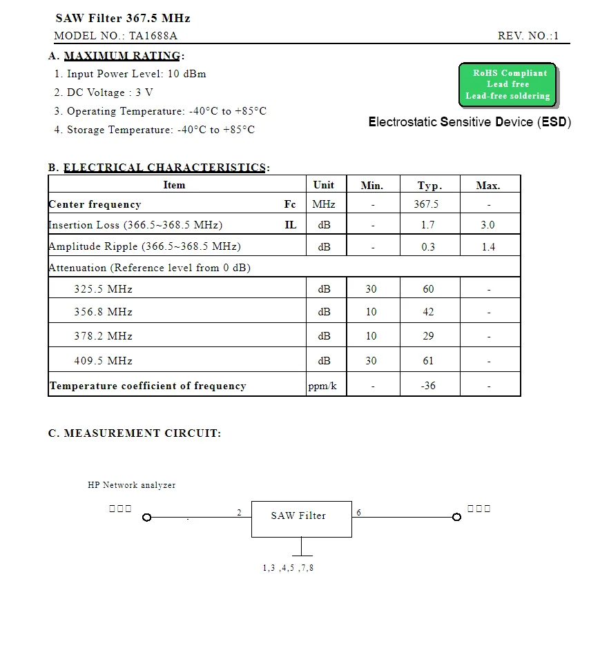 فلتر منشار SMD مقوى أصلي ، رمز TA1688A ، MHz ، 10 2.8