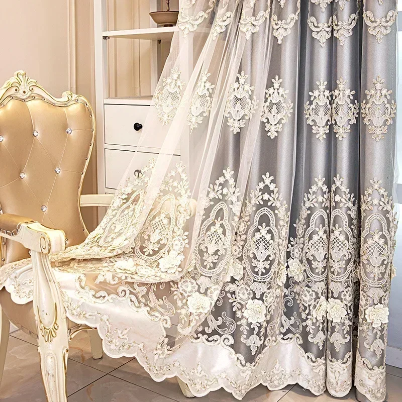 

New European Embroidery Luxury Grey Double Layer Curtains for Living Room Bedroom French Cloth Yarn Integrated Embossed Valance