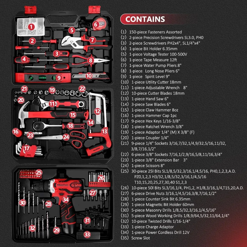 276-Piece Tool Set Kit with 12V Cordless Power Drill Driver with Drawer, Drill Set Perfect for Homeowner, Diyer, Handyman