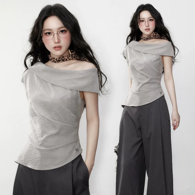 

Summer Y2k Aesthetic Slash Neck Vintage Tops Irregular Embroidery Slim Fit Tshirts Women Grunge ​Harajuku LightGray Pleated Tees