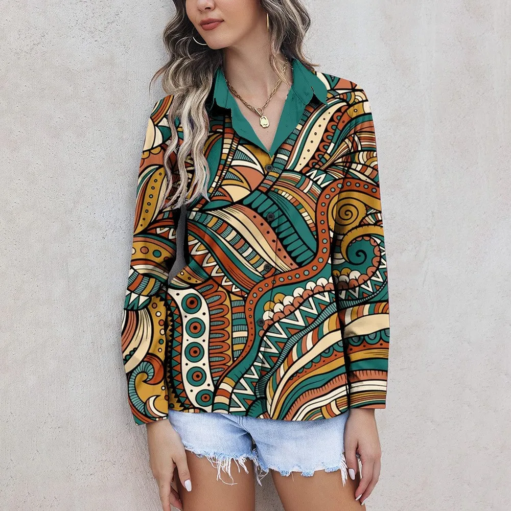 Retro Lapel Cardigan Blouse Women Autumn Artistic Facial Abstract Oil Painting 3D Digital Print Loose Casual Long Sleeved Shirt