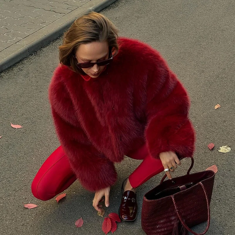 Neo Mint 2025 Ancora Red Christmas New Year Fur Coat Women Cropped Faux Fox Fur Jacket Chic Trendy Fluffy Furry Outerwear Female